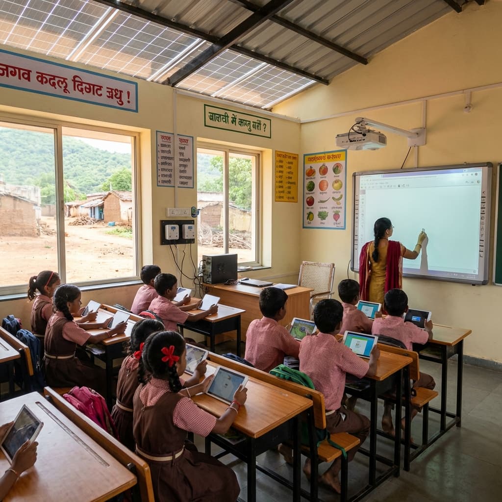 Children in a rural school learning on tablets